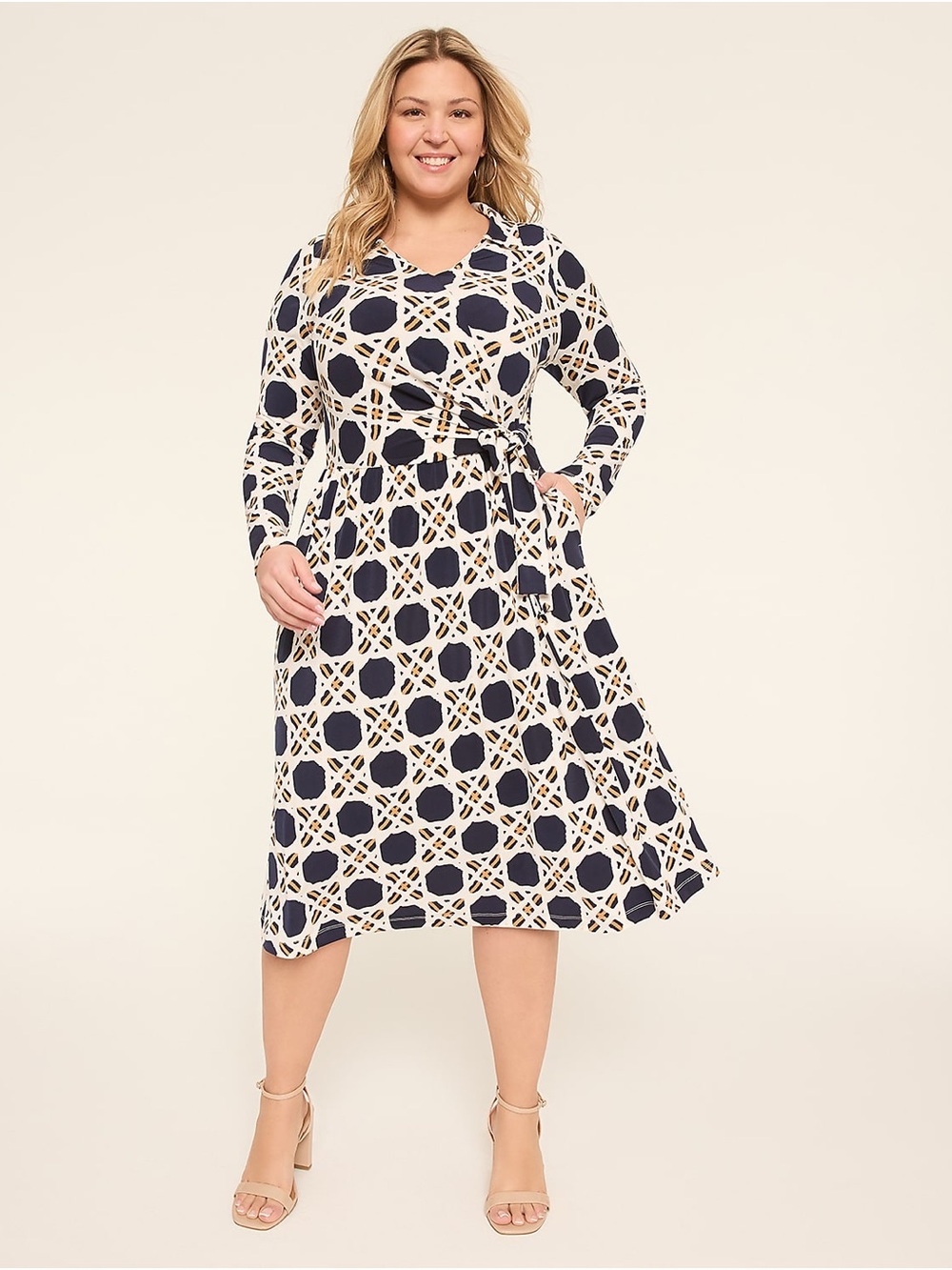 Lane Bryant Navy, Cream & Gold Geometric Wrap Midi Dress